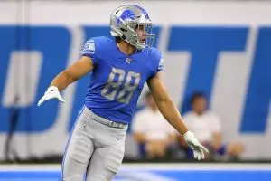 Week four daily fantasy: T.J. Hockenson #88 of the Detroit Lions look to block while playing the New England Patriots during a preseason game at Ford Field on August 08, 2019 in Detroit, Michigan.