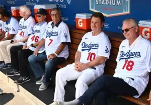 Home 9 Jul 25, 2021; Los Angeles, California, USA; Los Angeles Dodgers Jerry Reuss, Burt Hooten, Steve Yeager, Ron Cey and Bill Russell sit in the dugout as they were honored during pregame ceremonies as members of the 40th anniversary of the 1981 World Series team at Dodger Stadium. Mandatory Credit: Jayne Kamin-Oncea-USA TODAY Sports