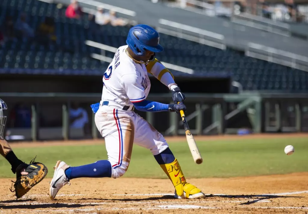 Oct 26, 2022; Surprise, Arizona, USA; Texas Rangers infielder Luisangel Acuna plays for the Surprise Saguaros during an Arizona Fall League baseball game at Surprise Stadium. Mandatory Credit: Mark J. Rebilas-USA TODAY Sports