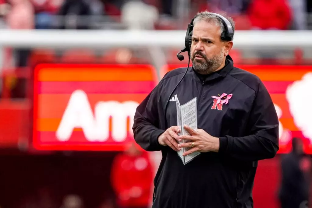 Oct 28, 2023; Lincoln, Nebraska, USA; Nebraska Cornhuskers head coach Matt Rhule stands on the sideline during the second quarter against the Purdue Boilermakers at Memorial Stadium. Mandatory Credit: Dylan Widger-USA TODAY Sports