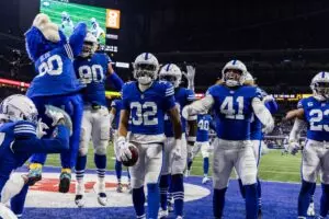 Home 5 Dec 16, 2023; Indianapolis, Indiana, USA; Indianapolis Colts safety Julian Blackmon (32) celebrates his interception with teammates in the second half against the Pittsburgh Steelers at Lucas Oil Stadium. Mandatory Credit: Trevor Ruszkowski-USA TODAY Sports