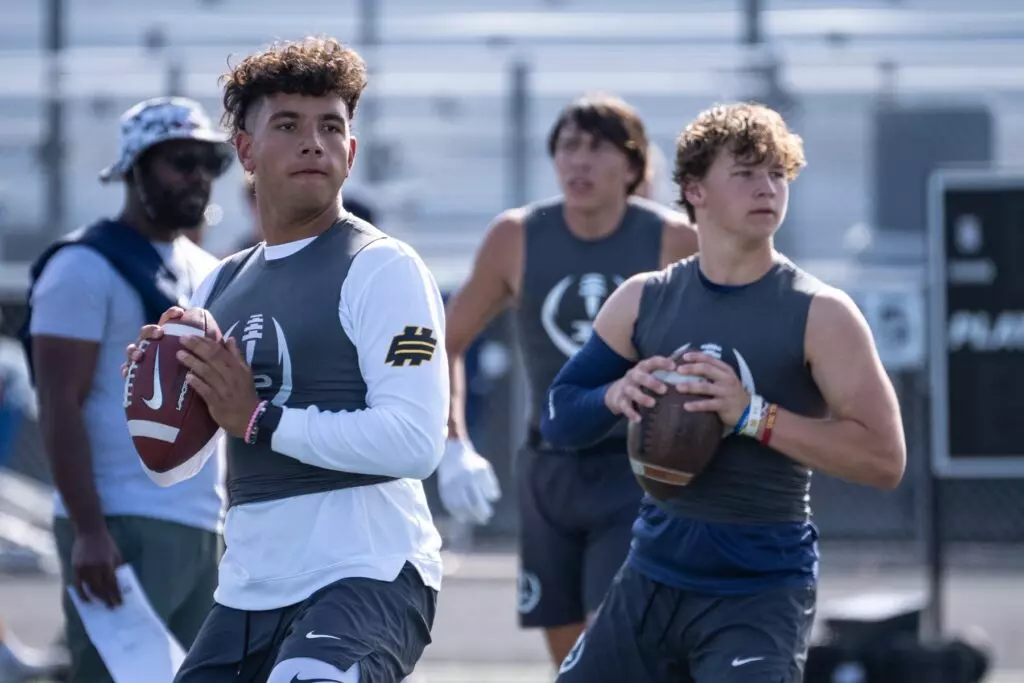 Pinnacle High School quarterbacks Dylan Raiola (left) and Wyatt Horton (right) attend a football practice on campus in Phoenix on May 2, 2023. High School Football Pinnacle Spring Football 70170007007