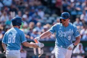 Home 11 Jun 3, 2023; Kansas City, Missouri, USA; Kansas City Royals first baseman Vinnie Pasquantino (9) hands his glove to the ball boy after a walk during the fourth inning against the Colorado Rockies at Kauffman Stadium. Mandatory Credit: William Purnell-USA TODAY Sports