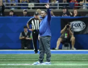 Home 13 Former Detroit Lions running back Barry Sanders is acknowledged by Lions fans and the team during a stoppage in the game against the Seattle Seahawks at Ford Field, Sunday, Sept. 17, 2023. A day before, the Lions unveiled a statue of Sanders outside the stadium.