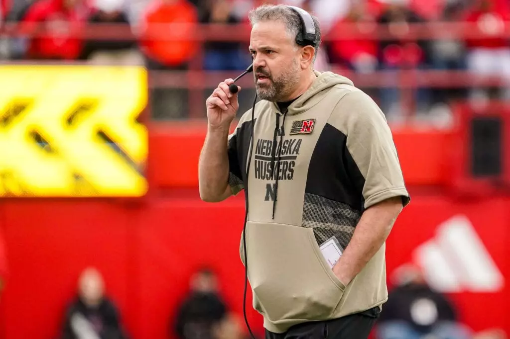 Nov 11, 2023; Lincoln, Nebraska, USA; Nebraska Cornhuskers head coach Matt Rhule during the third quarter against the Maryland Terrapins at Memorial Stadium. Mandatory Credit: Dylan Widger-USA TODAY Sports