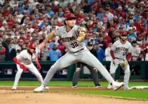 Home 10 Arizona Diamondbacks starting pitcher Brandon Pfaadt (32) throws to the Philadelphia Phillies in the fourth inning during Game 7 of the NLCS at Citizens Bank Park on Oct 24, 2023.