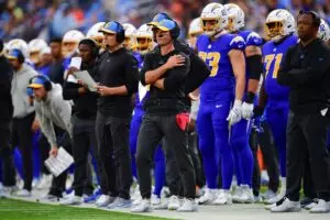 Home 13 Brandon Staley, Head Coach of the Los Angeles Chargers watches as the Chargers play the Denver Broncos at home at SoFi Stadium in LA.
