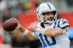 Home 15 Indianapolis Colts quarterback Gardner Minshew II (10) throws a pass Sunday, Dec. 10, 2023, while warming up before a game against the Cincinnati Bengals at Paycor Stadium in Cincinnati.