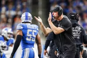 Home 12 Detroit Lions head coach Dan Campbell reacts to a play against Denver Broncos during the first half at Ford Field in Detroit on Saturday, Dec. 16, 2023.