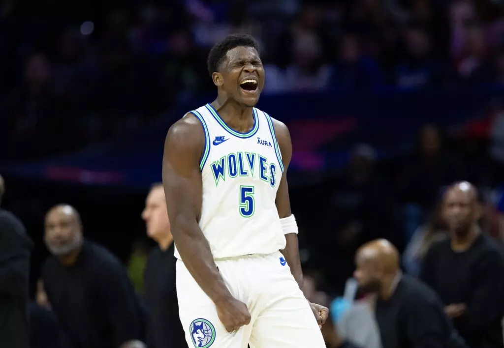 Dec 20, 2023; Philadelphia, Pennsylvania, USA; Minnesota Timberwolves guard Anthony Edwards (5) reacts to his score against the Philadelphia 76ers during the third quarter at Wells Fargo Center. Mandatory Credit: Bill Streicher-USA TODAY Sports