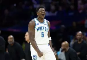 Home 6 Dec 20, 2023; Philadelphia, Pennsylvania, USA; Minnesota Timberwolves guard Anthony Edwards (5) reacts to his score against the Philadelphia 76ers during the third quarter at Wells Fargo Center. Mandatory Credit: Bill Streicher-USA TODAY Sports