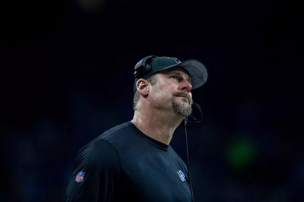 Detroit Lions head coach Dan Campbell looks up at the scoreboard after a play against the Minnesota Vikings at Ford Field in Detroit on Sunday, Jan. 7, 2024.