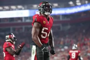 Home 15 Tampa, Florida, USA; Tampa Bay Buccaneers linebacker Lavonte David (54) reacts after a safety against the Philadelphia Eagles during the second half of a 2024 NFC wild card game at Raymond James Stadium.