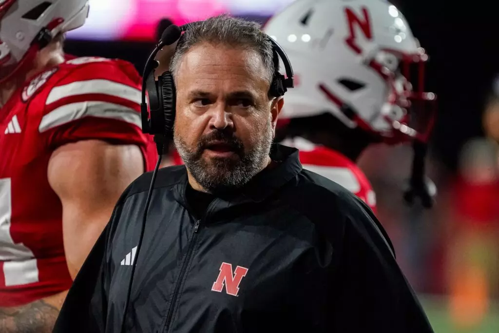Nebraska Cornhuskers Head Coach Matt Rhule looks towards the sideline in the Huskers game against the Northern Illinois Huskies.