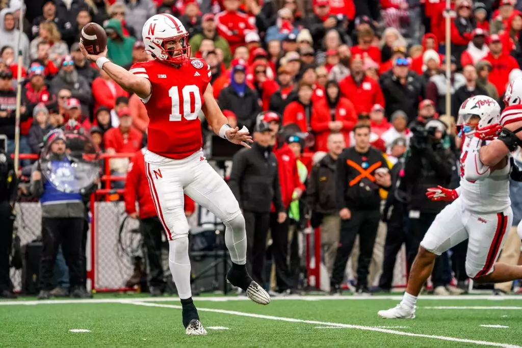 Nebraska Cornhuskers quarterback Heinrich Haarberg (10) passes against the Maryland Terrapins during the first quarter at Memorial Stadium.