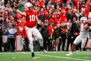 Nebraska Cornhuskers quarterback Heinrich Haarberg (10) passes against the Maryland Terrapins during the first quarter at Memorial Stadium.
