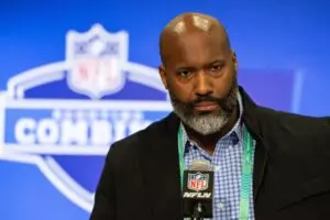 Detroit Lions Executive Vice President and General Manager Brad Holmes talks to the media at the 2024 NFL Combine at Indiana Convention Center.