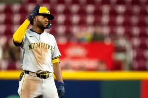 Home 14 Milwaukee Brewers outfielder Jackson Chourio (11) reaches second base off of a RBI base hit against the Cincinnati Reds at Great American Ball Park in Cincinnati, Ohio on April 10, 2024.