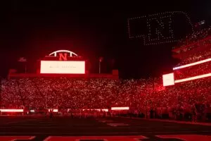 A light show before the fourth quarter between the Nebraska Cornhuskers and the Northern Illinois Huskies at Memorial Stadium.