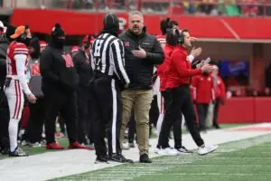 Home 6 Nebraska Cornhuskers head coach Matt Rhule talks to an official during their game against the Iowa Hawkeyes at Memorial Stadium.