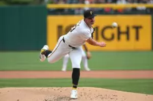 Home 11 Pittsburgh Pirates starting pitcher Paul Skenes (30) delivers a pitch during the first inning of his MLB Debut against the Chicago Cubs Saturday evening at PNC Park in Pittsburgh, PA.