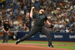 Tampa Bay Rays starting pitcher Aaron Civale (34) throws a pitch in the second inning against the Kansas City Royals at Tropicana Field. 