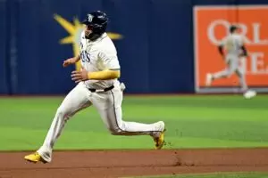 Tampa Bay Rays third baseman Isaac Paredes (17) heads for third base in the fourth inning against the Oakland Athletics at Tropicana Field.