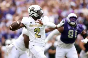 Colorado Buffaloes quarterback Shedeur Sanders (2) throws a pass in the second quarter against the TCU Horned Frogs at Amon G. Carter Stadium. 
