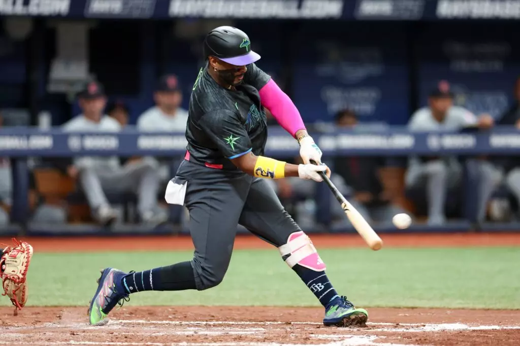 Tampa Bay Rays first baseman Yandy Diaz (2) hits an rbi double against the Cleveland Guardians in the third inning at Tropicana Field.