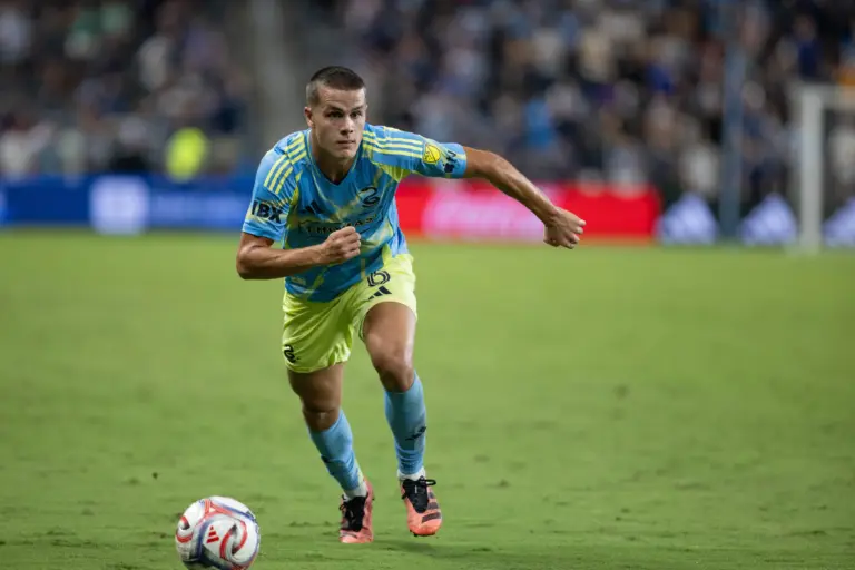 Home 1 Cavan Sullivan, one of the best young MLS stars in the league, dribbles the ball during the first half against Sporting Kansas City