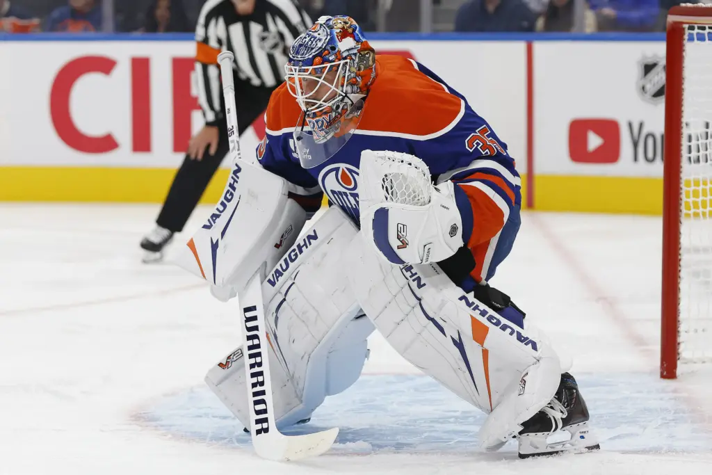 Oilers goalie Tristan Jarry gets ready to face a shot against the Winnipeg Jets.
