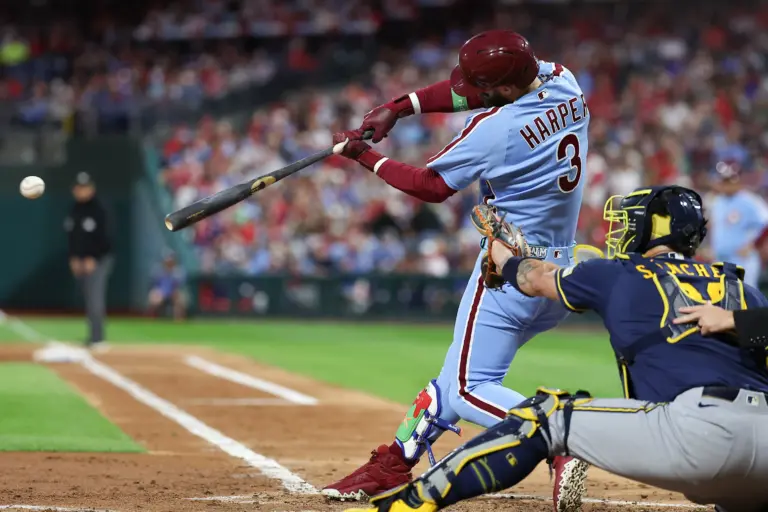 Home 2 Bryce Harper hits an RBI single against the Milwaukee Brewers. Can Harper and the Phillies conquer struggles that they've had in October?