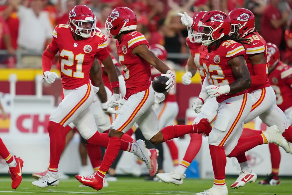 Kansas City Chiefs' latest defensive breakout star Mansoor Delane reacts after an interception at Arrowhead Stadium.