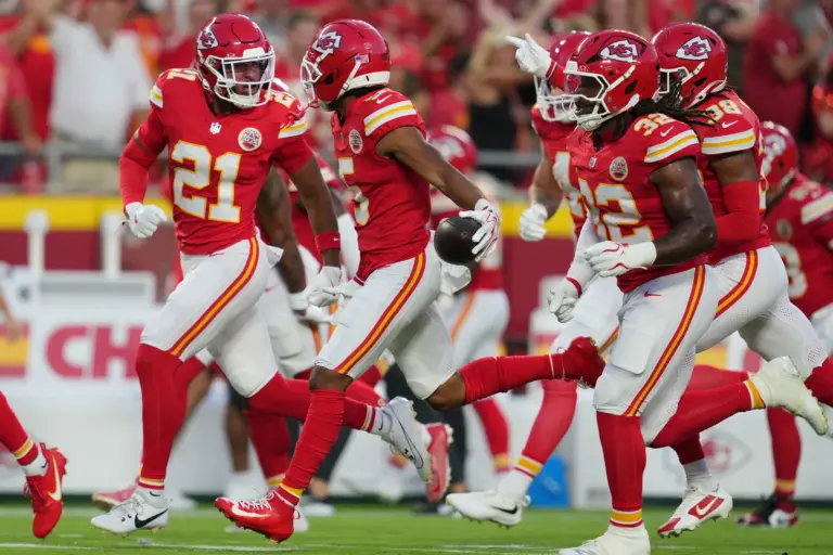 Kansas City Chiefs' latest defensive breakout star Mansoor Delane reacts after an interception at Arrowhead Stadium.