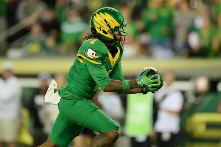 Dakorien Moore catches a touchdown pass against the Portland State Vikings. Moore will be a key player to watch in the Nebraska vs. Oregon matchup this weekend.