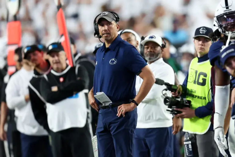 Home 1 Matt Campbell looks on from the sideline during the fourth quarter against the Wisconsin Badgers. After a disappointing loss, fans are concerned that Penn State football could be a failing dynasty.