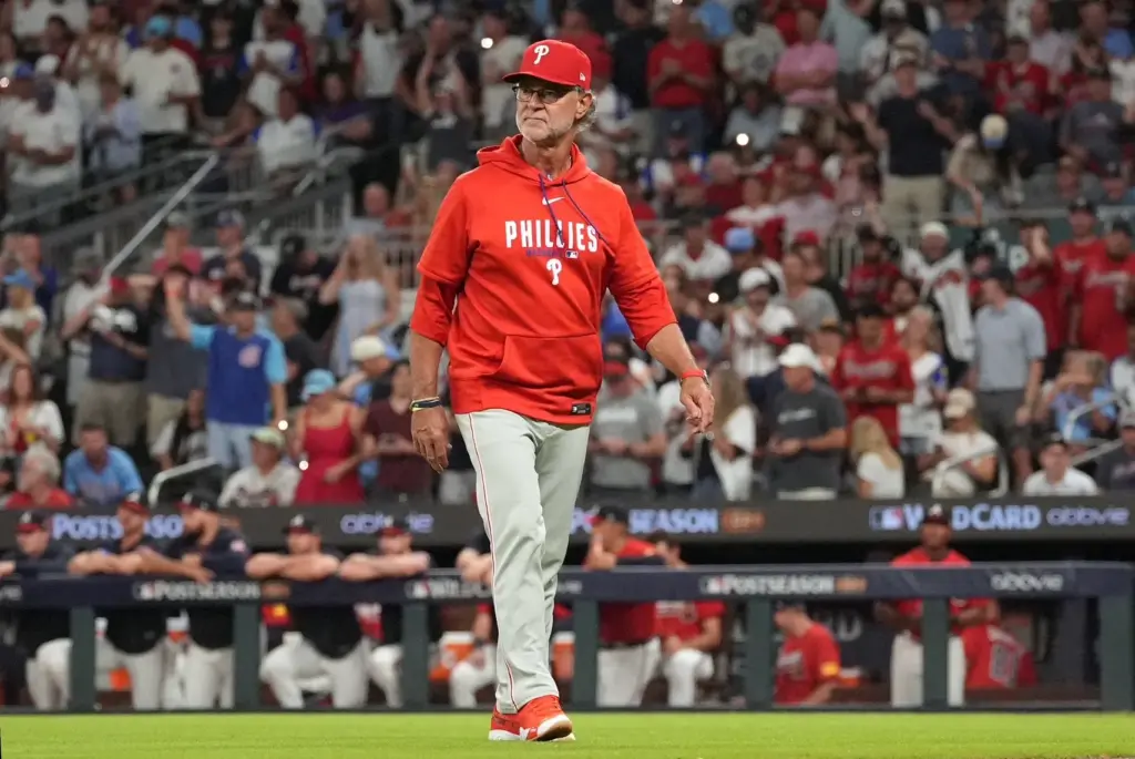 Don Mattingly walks back to the dugout during the 2026 MLB Playoffs. When it comes to the Philadelphia Phillies' manager search, Mattingly has to be at the top of the list.