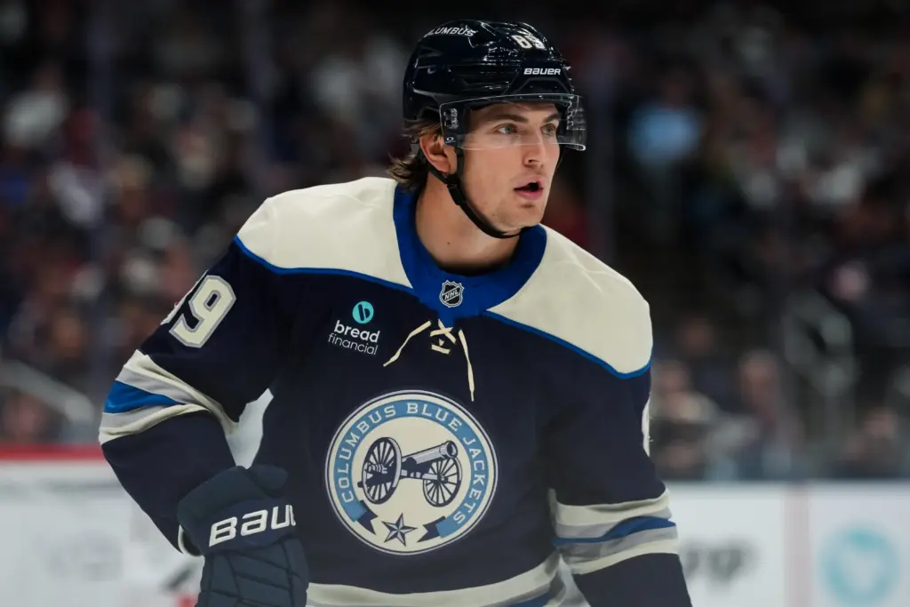 Matthew Knies skates against the Utah Mammoth at Nationwide Arena. The young forward is off to a promising start with Columbus so is it possible that the Toronto Maple Leafs already regret trading Matthew Knies?