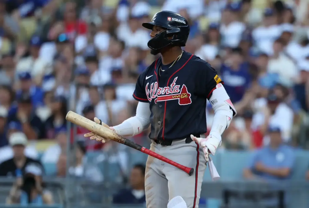 Ronald Acuna Jr. reacts after striking out during a recent game against the Los Angeles Dodgers. The Braves' offense was extremely disappointing in the NLDS and it may be time to consider significant changes.