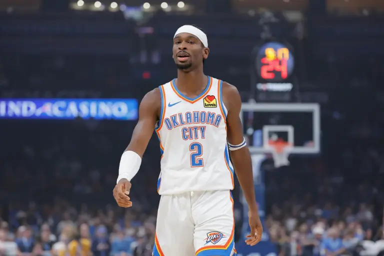 Home 1 Oklahoma City Thunder guard Shai Gilgeous-Alexander walks down the court during the first quarter at Paycom Center. Will a big opening night matchup against the San Antonio Spurs define OKC's narrative for the remainder of the season?
