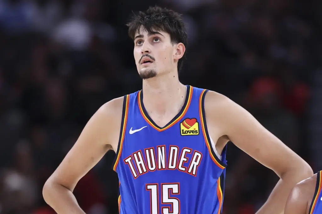Aday Mara looks on during the game against the Houston Rockets. Mara's preseason play was impressive and he will be looking to make an immediate impact with the Oklahoma City Thunder.