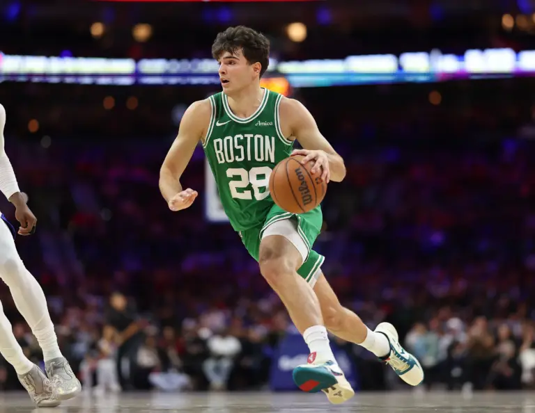 Hugo Gonzalez drives against Philadelphia 76ers at Xfinity Mobile Arena. After a strong preseason, could Gonzalez be Boston's next breakout star?
