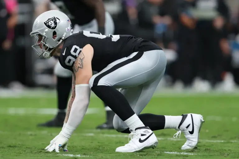 Home 2 Maxx Crosby prepares for the snap in the first quarter against the Buffalo Bills. Check out some of our top Crosby landing spots, including teams like the Dallas Cowboys and Tampa Bay Buccaneers.